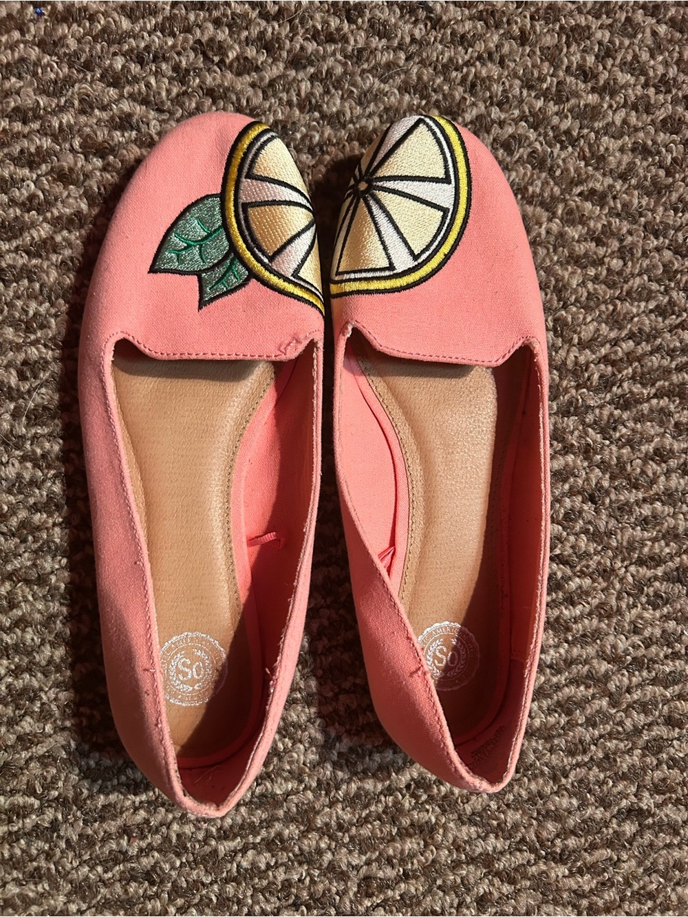 SO Coral Flats with Lemon & Leaf Appliqué